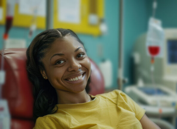 woman smiling during infusion treatment