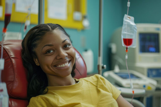 woman smiling during infusion treatment